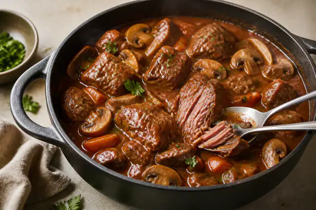 Veau Marengo mijoté en sauce tomate avec champignons et persil