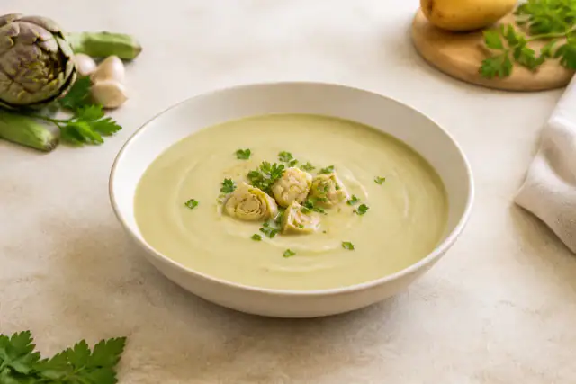 Velouté d’artichaut crémeux servi dans un bol avec quelques morceaux de cœur d’artichaut