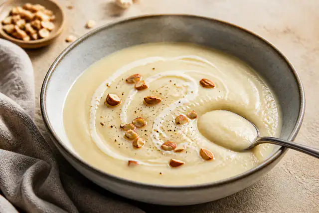 Velouté crémeux de panais garni d’amandes effilées grillées dans un bol