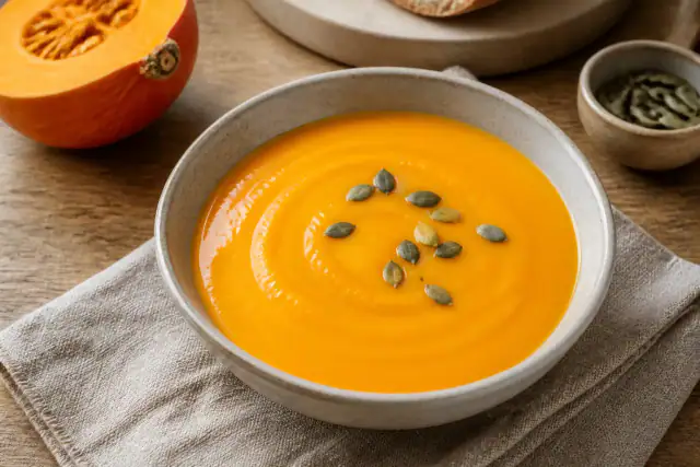 Velouté de potimarron crémeux orange servi dans un bol avec quelques graines de courge