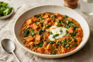 Red lentil dal with sweet potato, spinach and yogurt