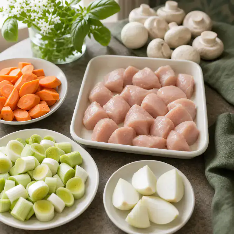 Morceaux de poulet, carottes en biseaux, poireaux et oignon découpés régulièrement