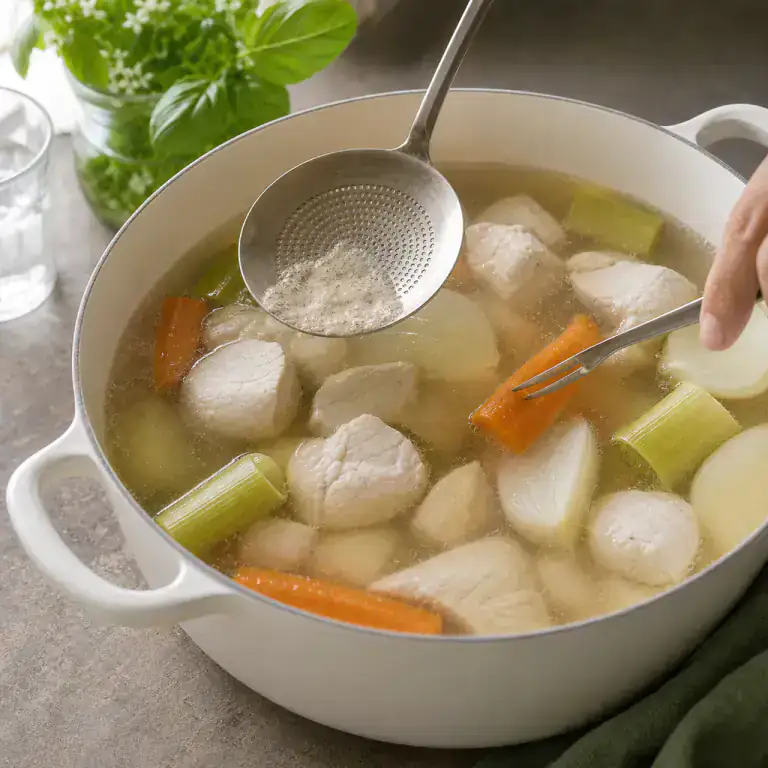 Poulet, carottes et poireaux cuisant à petits frémissements dans le bouillon