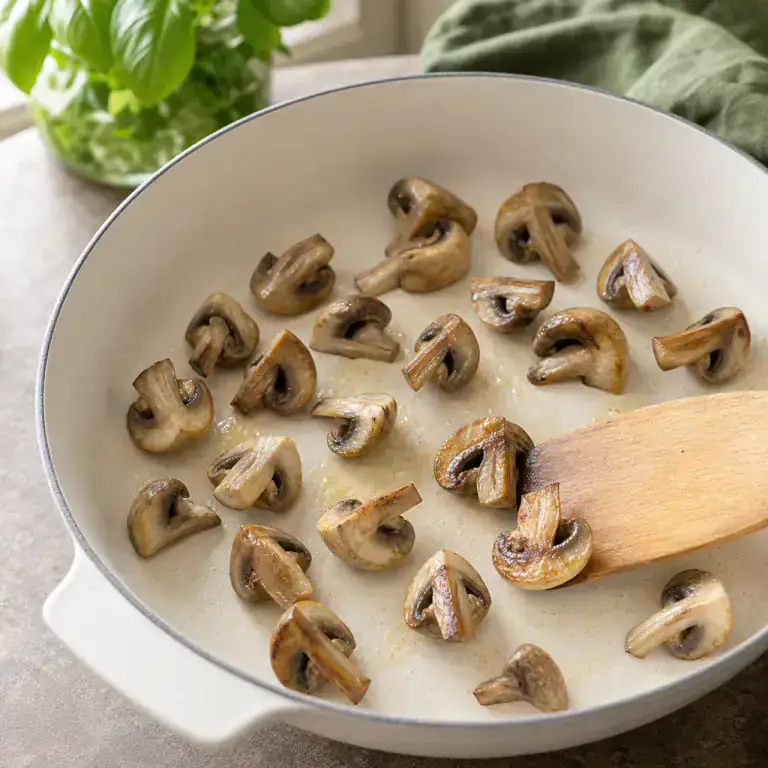 Champignons en quartiers légèrement dorés en une seule couche dans la poêle
