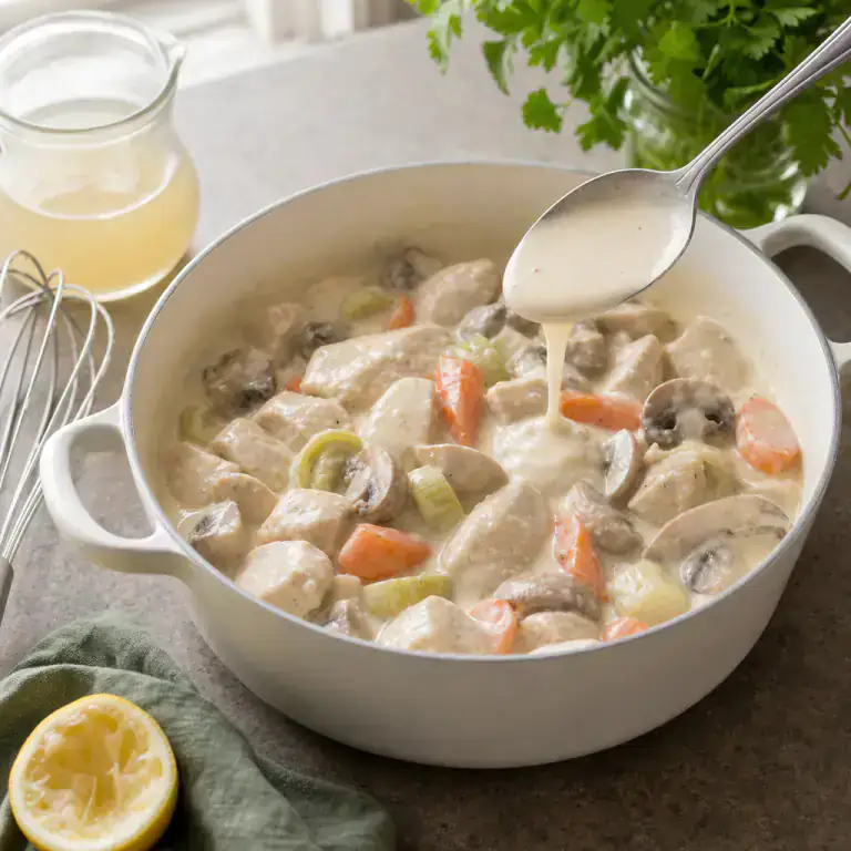 Poulet, poireaux, carottes et champignons entourés d’une sauce blanche lisse