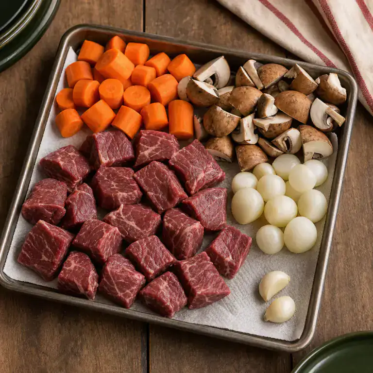 Raw patted-dry beef chuck cubes with carrots, mushrooms, pearl onions and two garlic cloves