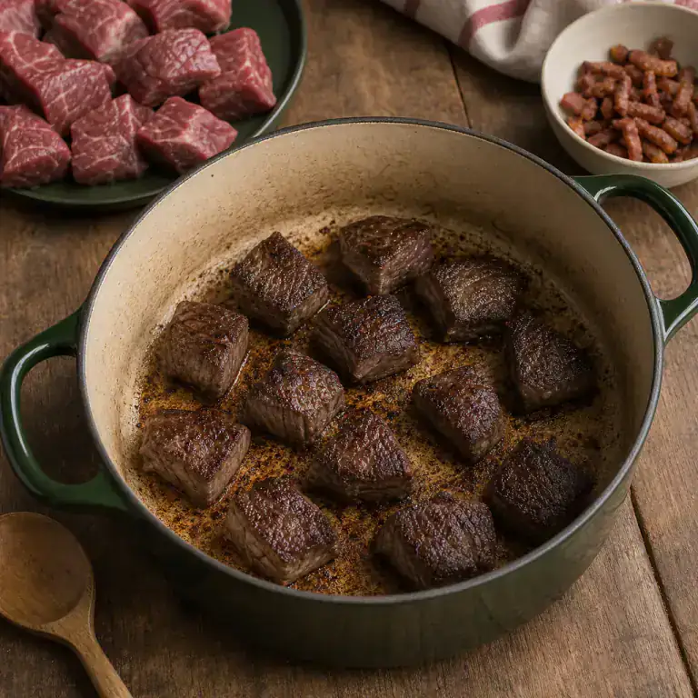 Beef cubes searing in a single layer in a casserole with lardons set aside