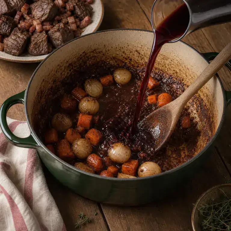 Prepare the wine sauce: The sauce is smooth and every browned bit has lifted from the casserole base.