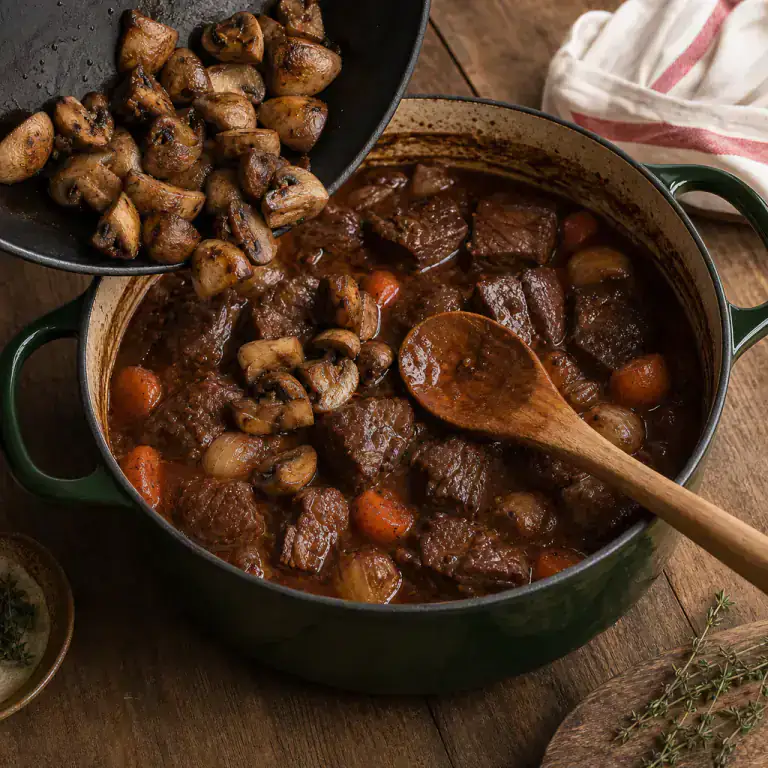 Browned mushrooms added to gently simmering beef bourguignon