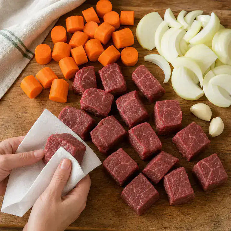 Cubes de paleron épongés avec carottes en tronçons et oignons émincés