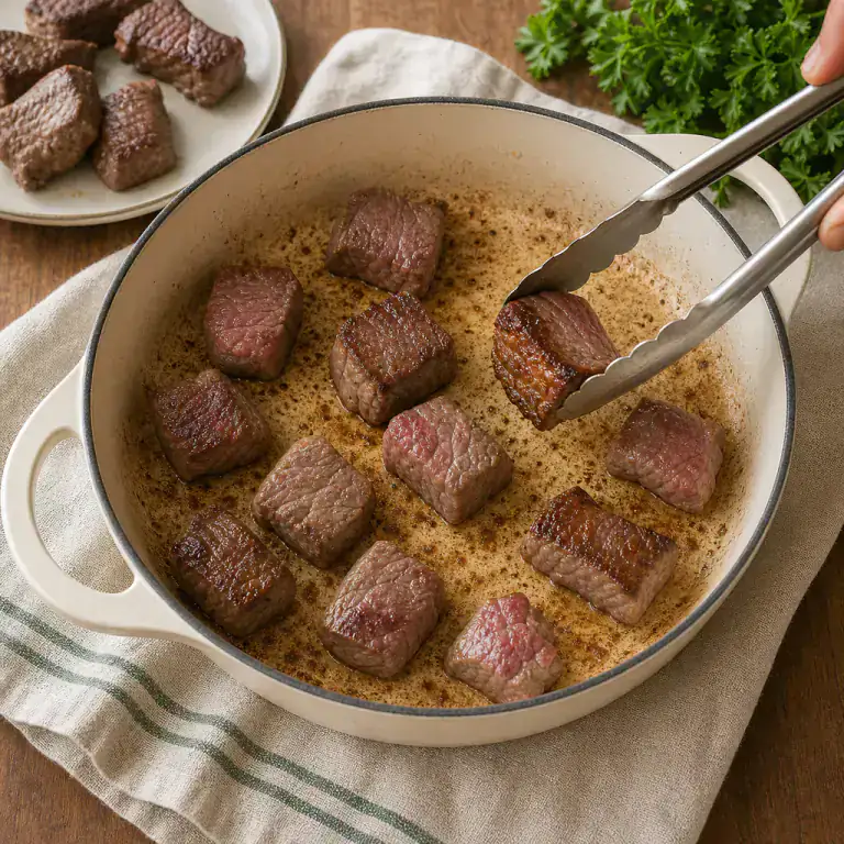 Cubes de bœuf saisis en une seule couche jusqu’à former une croûte brune