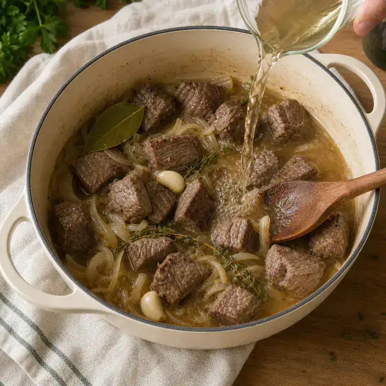 Bœuf doré remis dans le bouillon au vin avec oignons, thym et laurier