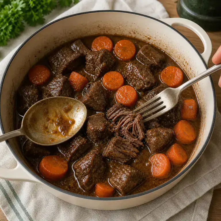 Bœuf fondant et carottes mijotées dans un jus brun brillant et légèrement épais