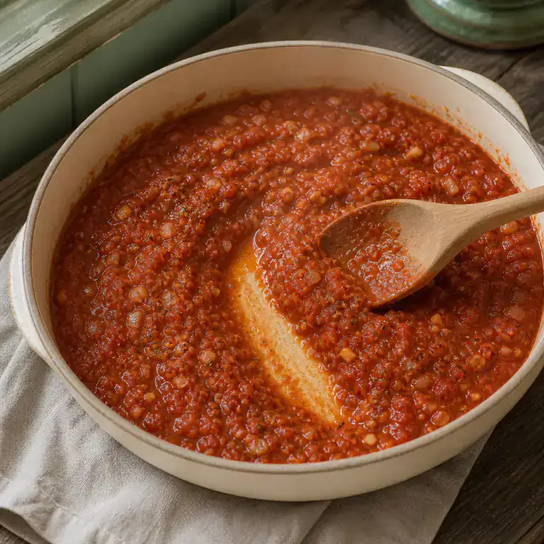 Sauce tomate aux oignons frémissant jusqu’à laisser une trace de cuillère