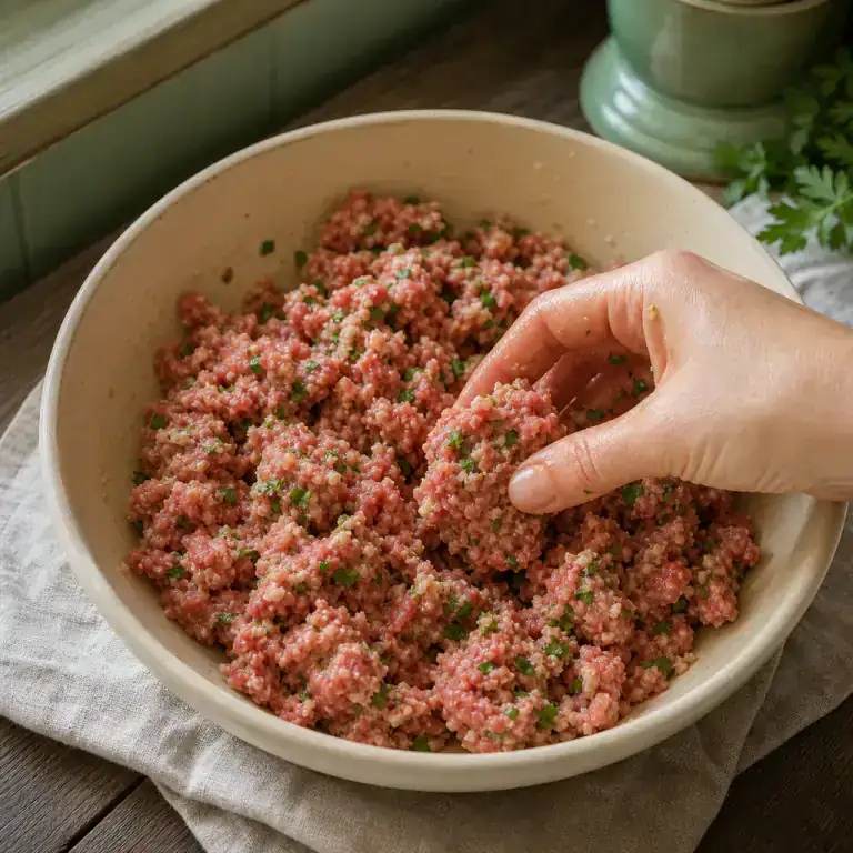Farce de bœuf, chapelure, œuf et persil mélangée souplement dans un saladier