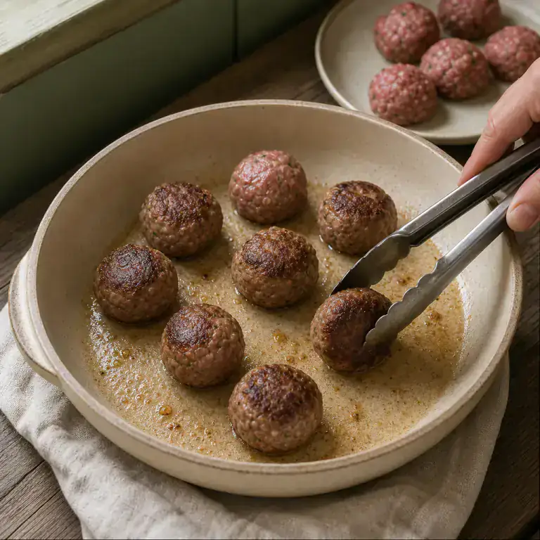 Boulettes de bœuf dorées sur plusieurs faces dans une sauteuse