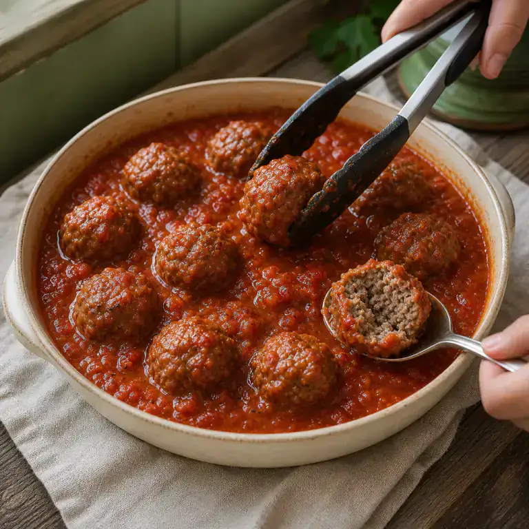 Boulettes de bœuf terminant leur cuisson dans une sauce tomate nappante