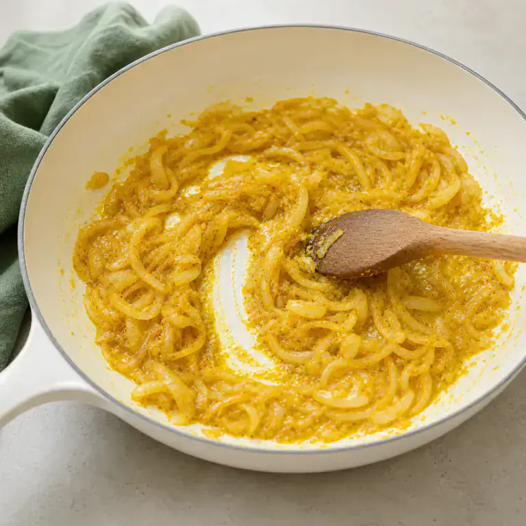 Oignon, ail, gingembre et curry revenant doucement dans l’huile parfumée