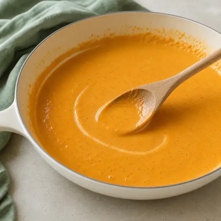 Sauce tomate au lait de coco et curry réduisant à petits frémissements