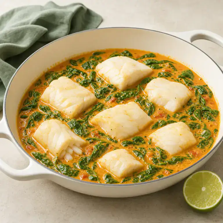 Morceaux de cabillaud entiers et épinards verts cuits doucement dans la sauce curry-coco