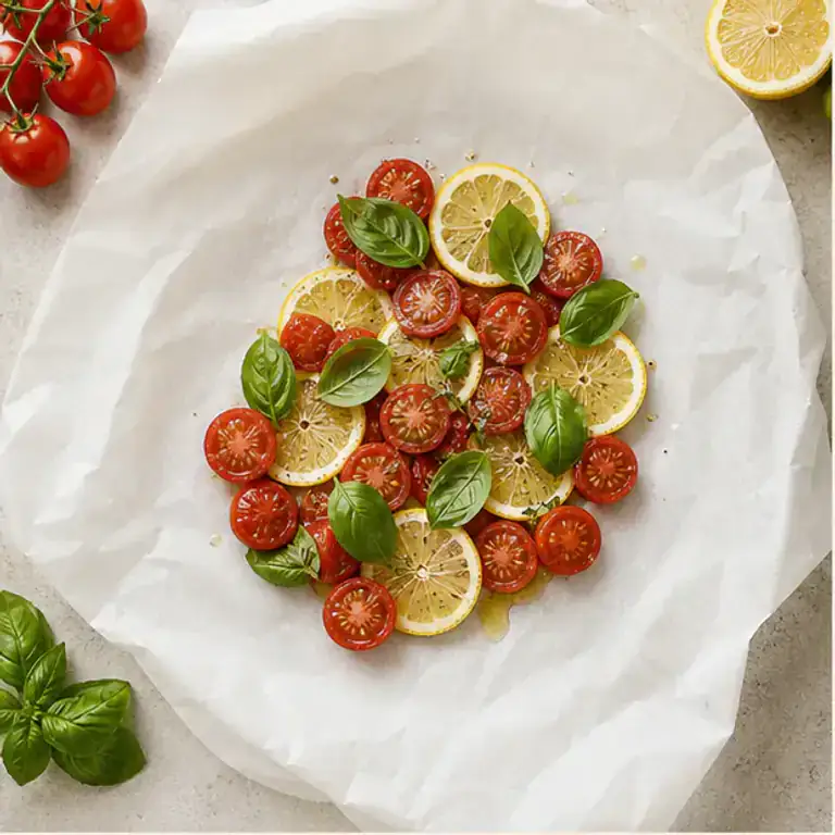 Tomatoes, lemon and basil arranged in the centre of baking paper