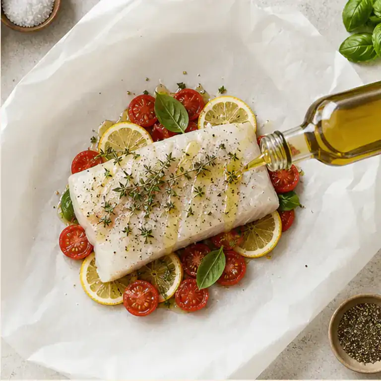 Seasoned cod placed over the vegetables in an open parcel