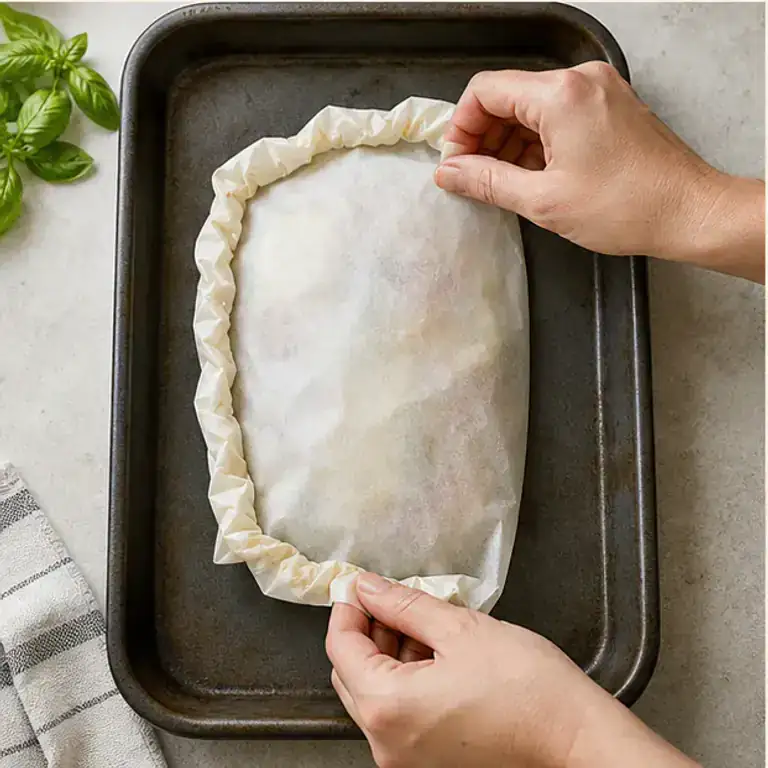 Folded, sealed baking-paper parcel on a baking tray