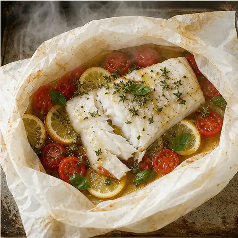 Open parcel with cooked cod, roasted tomatoes and rising steam