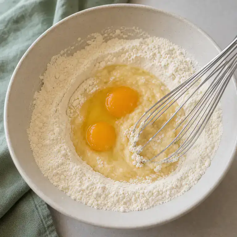 Eggs and flour gathered in the well of a mixing bowl as the batter begins