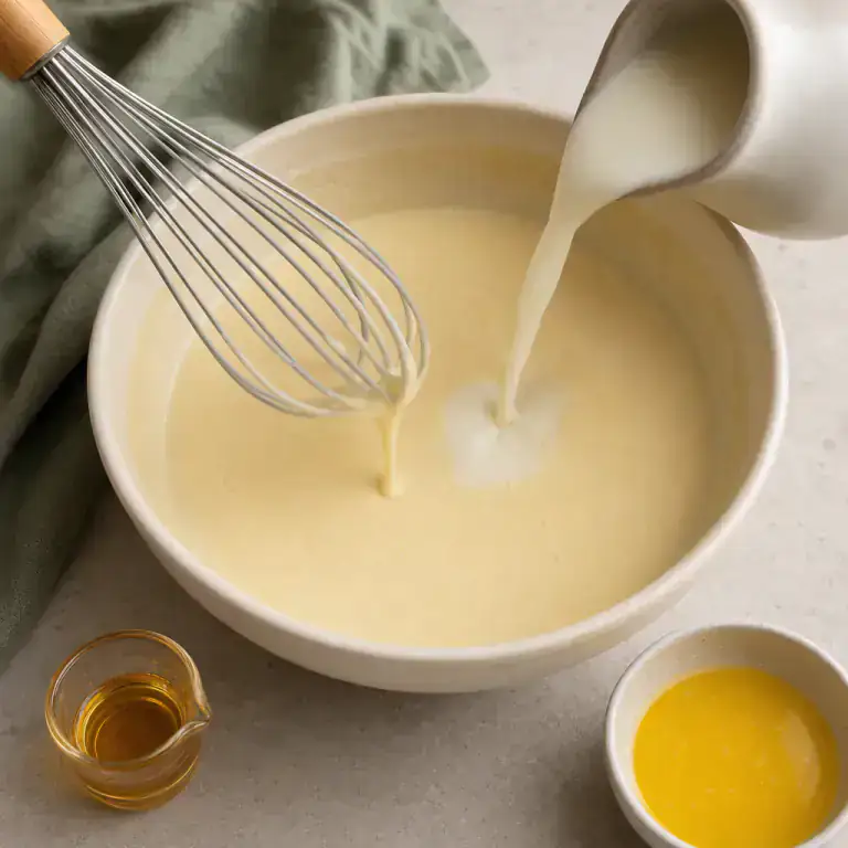 Milk poured in a thin stream into smooth crêpe batter with melted butter and rum beside it