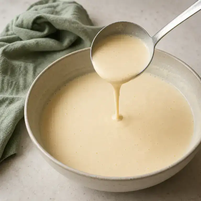Rested crêpe batter falling in a thin ribbon from a ladle