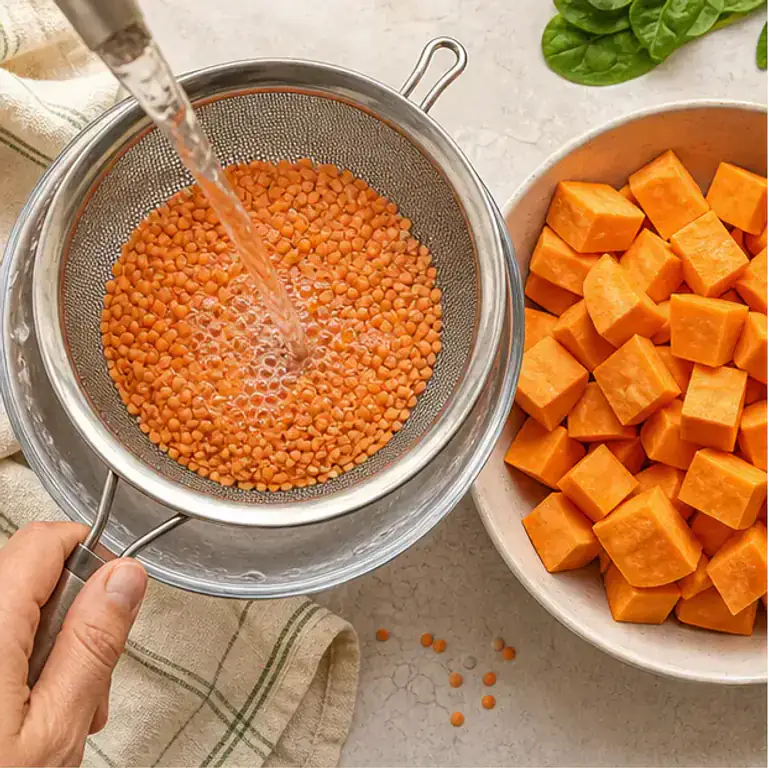 Rinsed red lentils beside sweet potato cut into even cubes