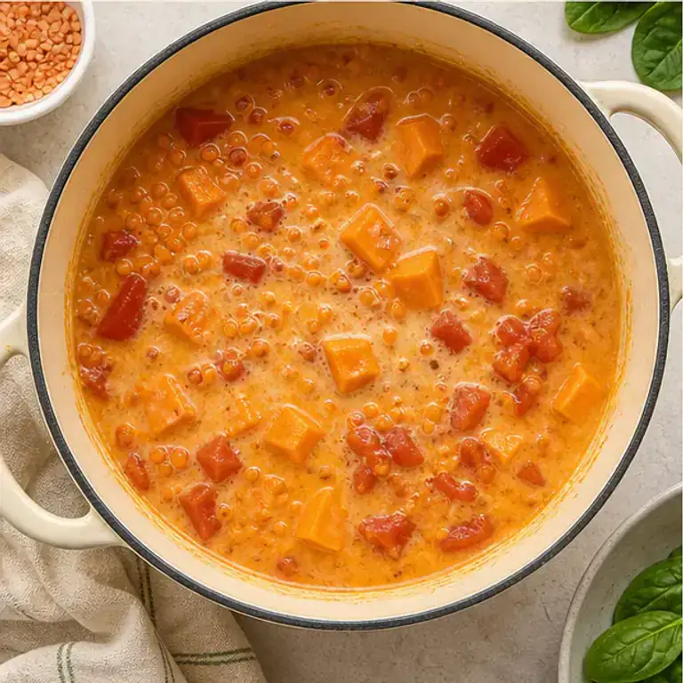 Red lentils, tomato, coconut milk and sweet potato simmering gently