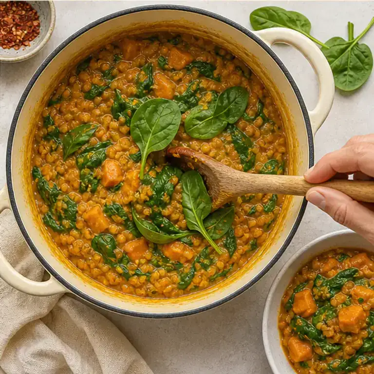 Fresh spinach being folded into the finished red lentil dal
