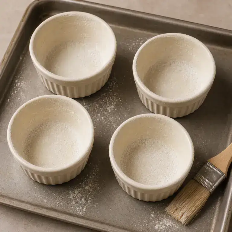Ramekins evenly buttered and floured on a baking tray