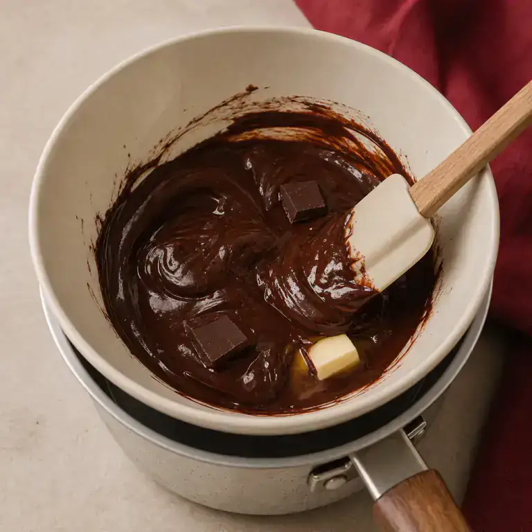 Dark chocolate and butter melting gently over a bain-marie