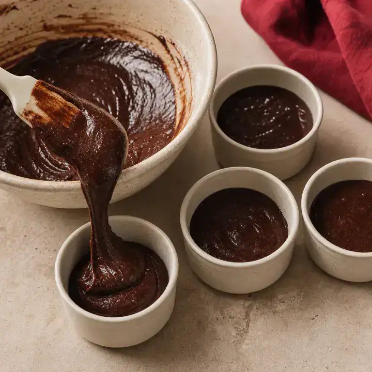 Thick chocolate batter folded with a spatula and divided among the ramekins