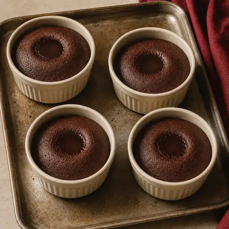 Chocolate fondants baked in their ramekins with set edges and soft centres