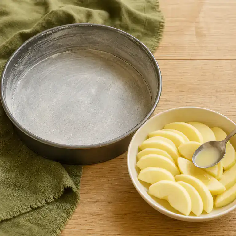 Moule rond finement fariné avec lamelles de pommes pelées au jus de citron