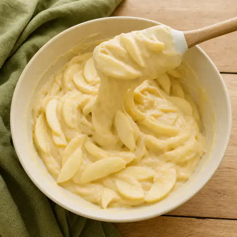 Lamelles de pommes pelées incorporées dans une pâte à gâteau épaisse et souple
