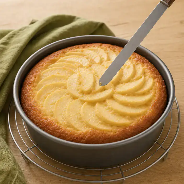 Gâteau aux pommes doré dans son moule avec lame de contrôle propre au-dessus