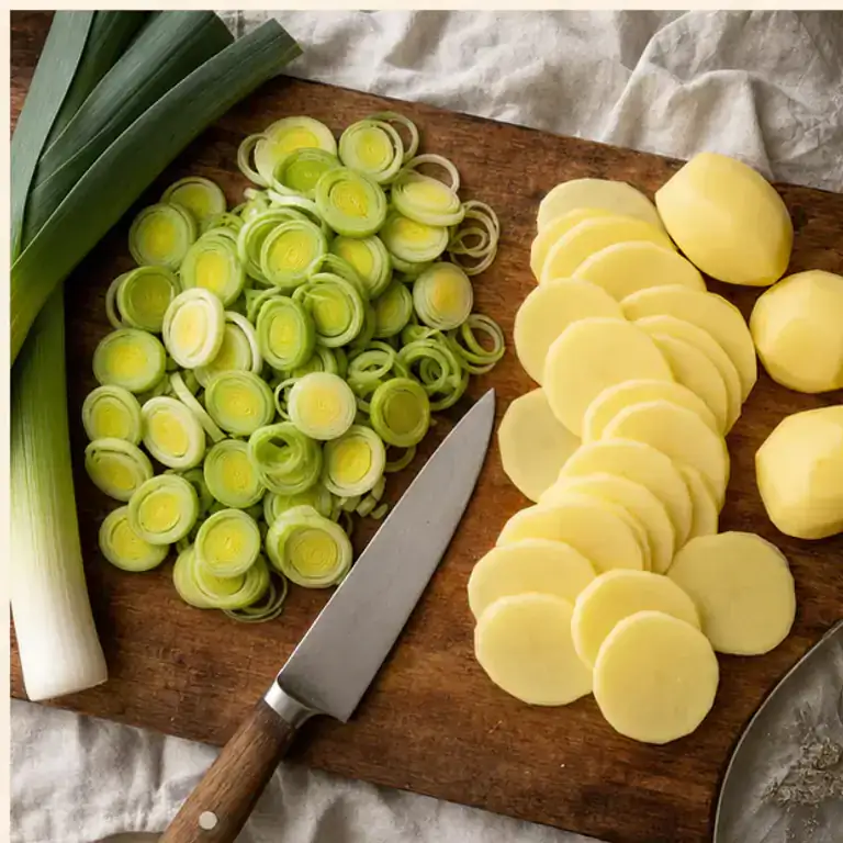 Poireaux en rondelles et pommes de terre tranchées finement