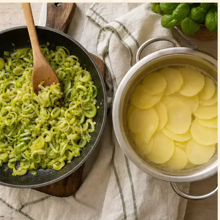 Poireaux fondants dans une poêle et pommes de terre précuites