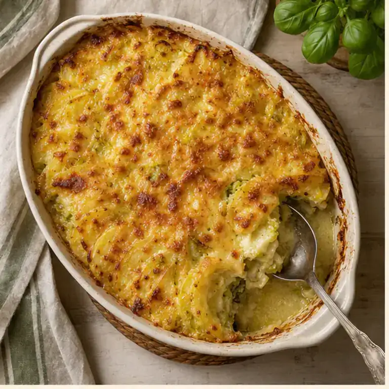 Gratin de poireaux et pommes de terre doré à la sortie du four