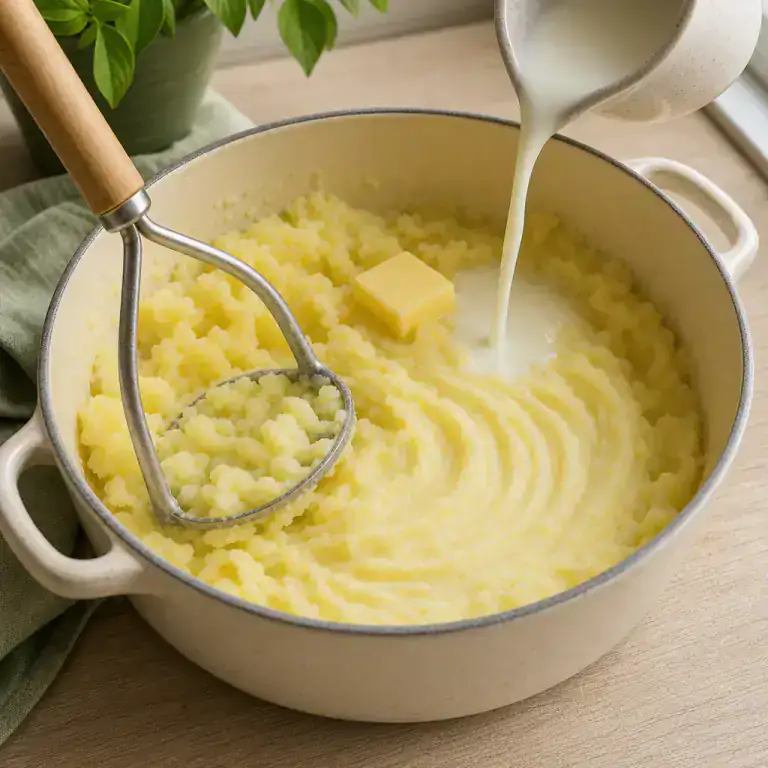 Purée de pommes de terre souple écrasée avec beurre et lait tiède