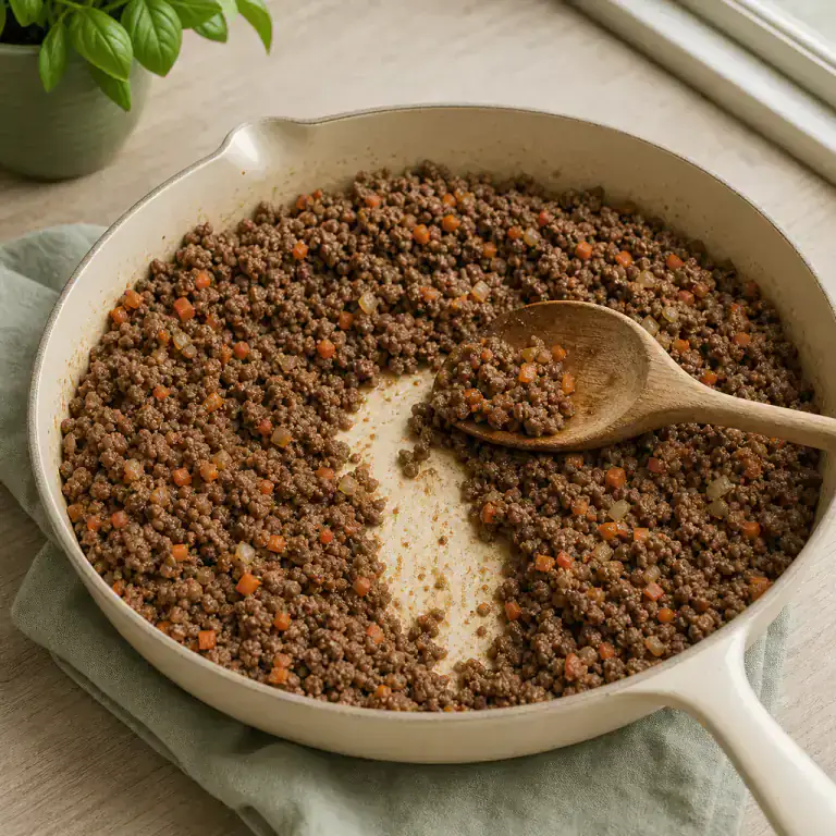 Hachis de bœuf, carottes et oignon réduit sans liquide au fond de la poêle
