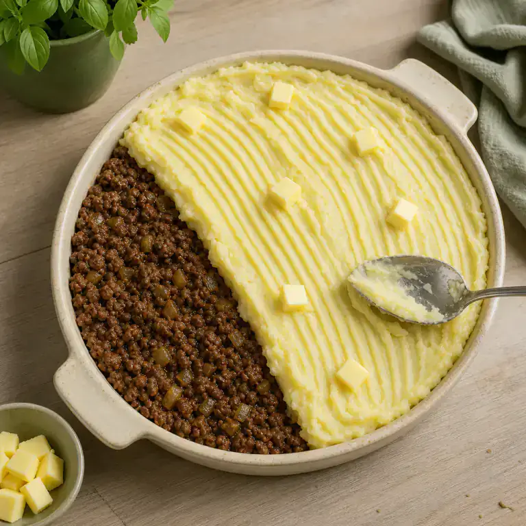 Purée étalée sur le hachis avec sillons de fourchette et noisettes de beurre