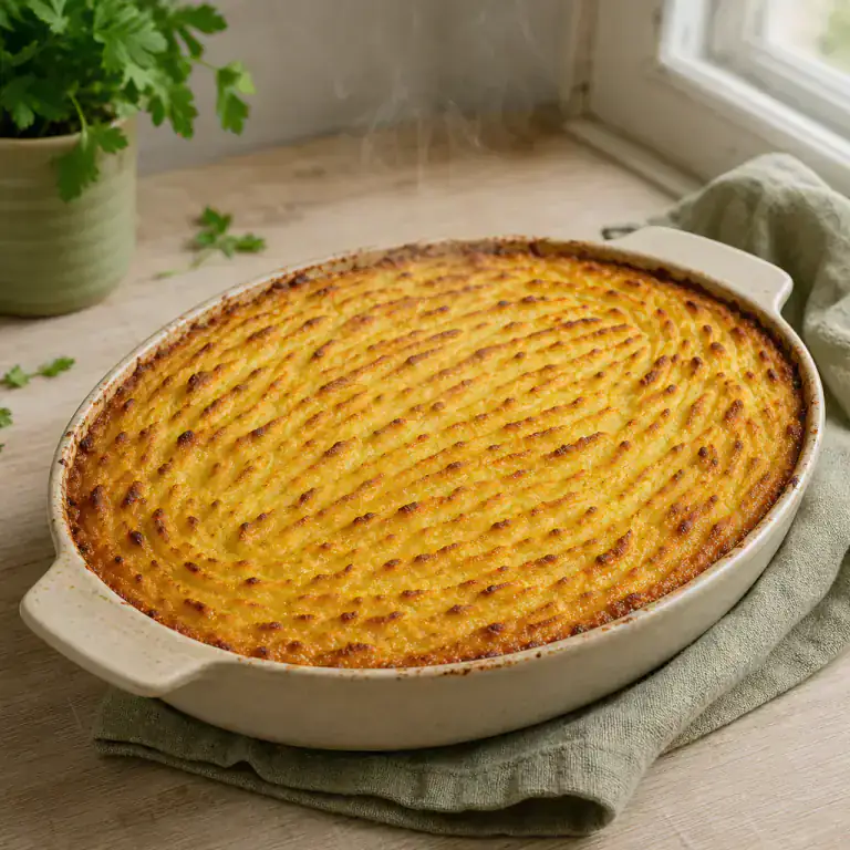 Hachis parmentier entier avec purée gratinée et fumante à la sortie du four