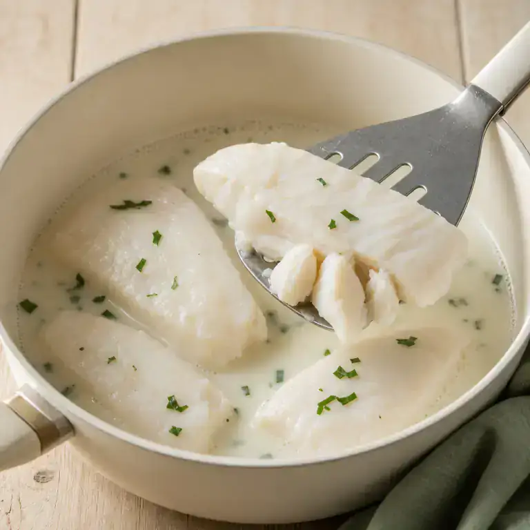Filets de poisson cuits doucement dans le lait jusqu’à devenir opaques