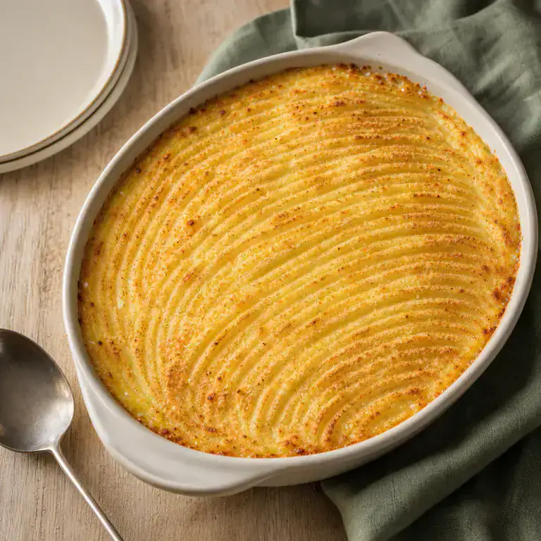 Parmentier de poisson gratiné avec chapelure dorée et jus bouillonnant sur les bords
